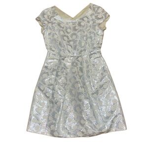 Silver metallic print dress short sleeves V-neckline pleated waist MAX MARA 10